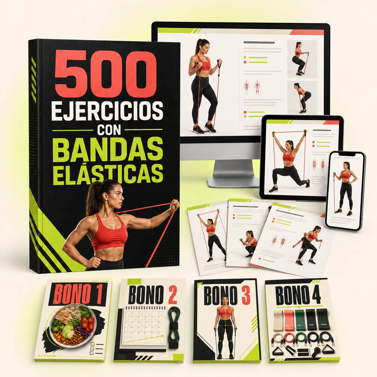 Mockup de 500 Ejercicios con Bandas Elásticas con guía principal, dispositivos, páginas internas y cuatro bonos